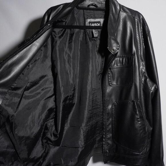Carbon Mens XL Faux Vegan Leather Moto Black Jacket Chest Pockets Distressed SEE - Picture 5 of 13